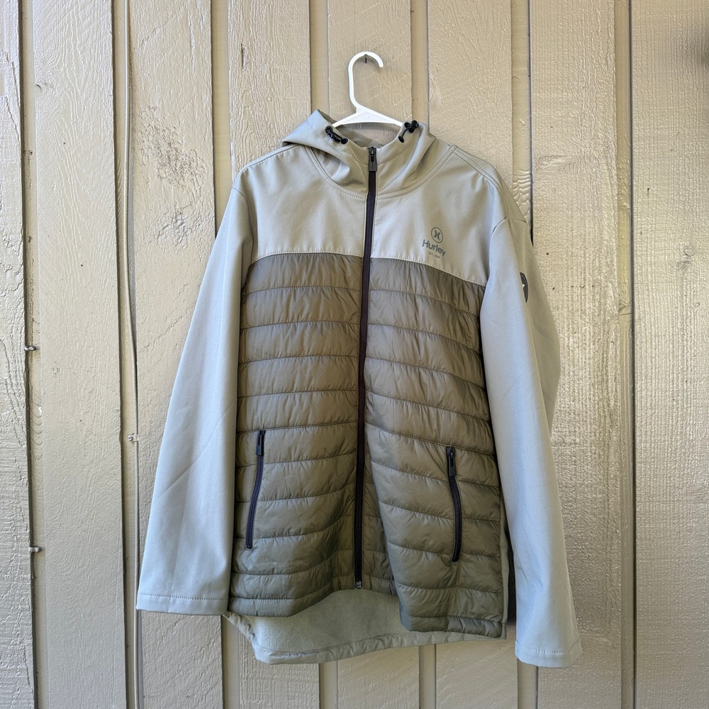 Hurley Hybrid Puffer Softshell Hooded Jacket Mens XL Tan Green Outdoor Utility